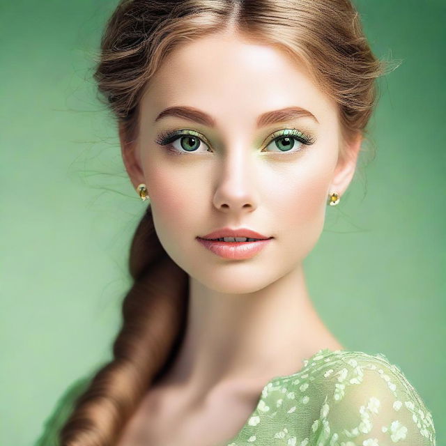 A beautiful, feminine woman with light brunette hair, mesmerizing light green Bambi-like eyes, and a charming button nose.