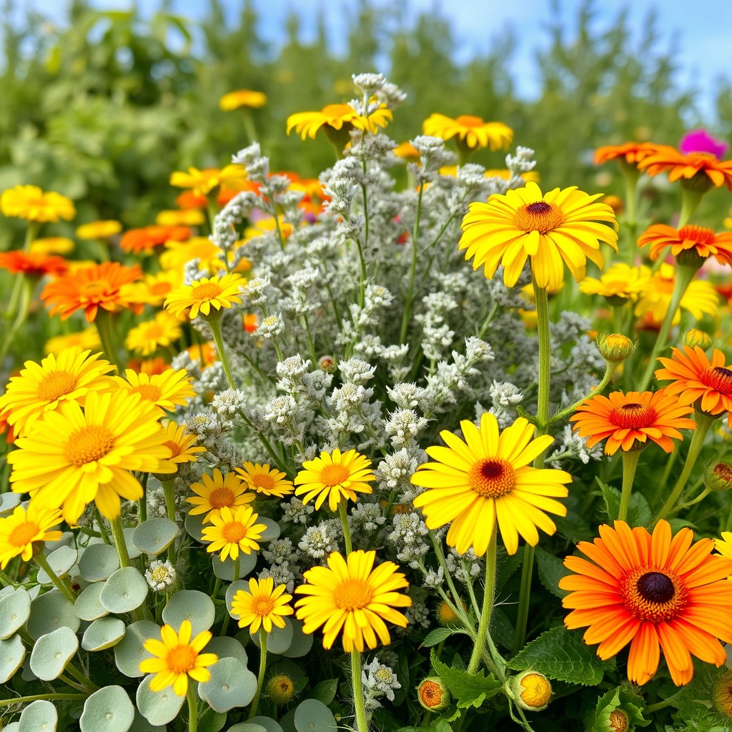 A vibrant garden scene showcasing a variety of perennials including Santolina, Helichrysum, yellow Yarrow, Wallflower, and Gaillardia