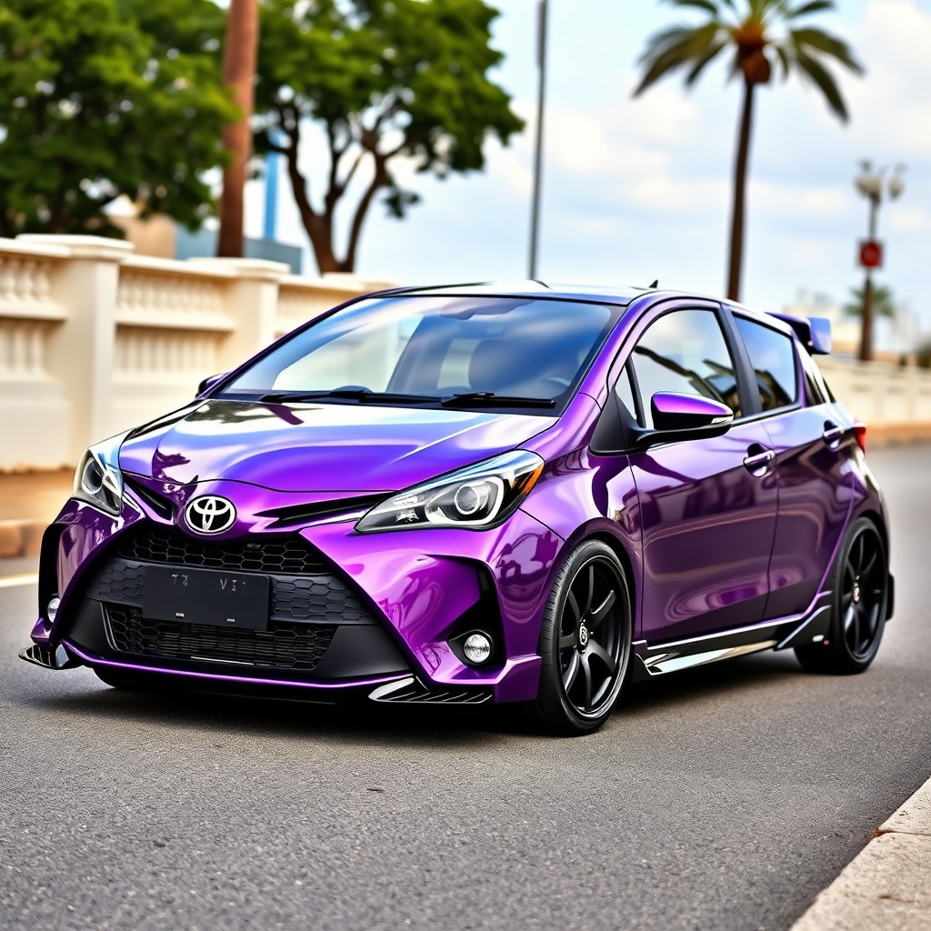 A unique and luxurious car blending elements of the 2017 Toyota Yaris and the Rolls Royce Phantom, featuring a sleek and modern design with the compact silhouette of the Yaris complemented by the opulent features of the Phantom