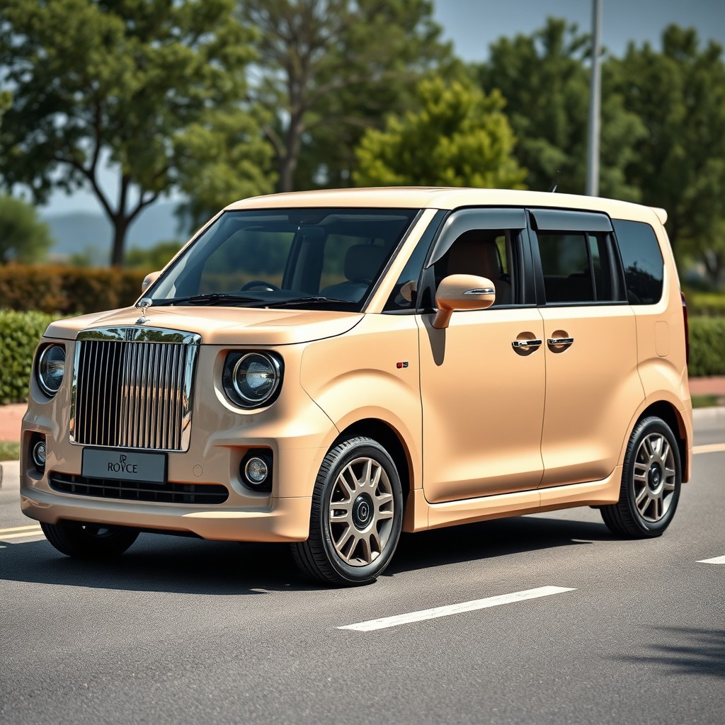 A distinctive and luxurious vehicle that combines the practical design of a Suzuki Wagon R with the opulent features of a Rolls Royce Phantom