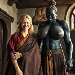 Inside a medieval room, a very happy 19-year-old malnourished blonde woman with medium-length hair wears a thick golden bracelet and a long, closed noble Buddhist cloak
