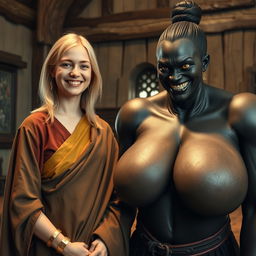 Inside a medieval room, a very happy 19-year-old malnourished blonde woman with medium-length hair wears a thick golden bracelet and a long, closed noble Buddhist cloak