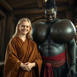 Inside a medieval room, a very happy 19-year-old malnourished blonde woman with medium-length hair wears a thick golden bracelet and a long, closed noble Buddhist cloak