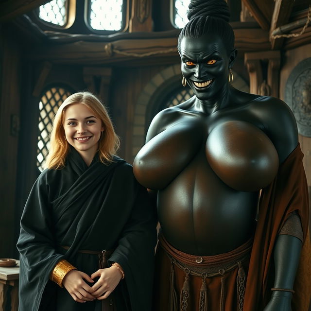 Inside a medieval room, a very happy 19-year-old malnourished blonde woman with medium-length hair wears a thick golden bracelet and a long, closed noble Buddhist cloak