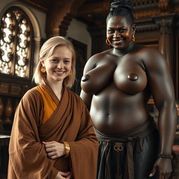 Inside a medieval room, a very happy 19-year-old malnourished blonde woman with medium-length hair, wearing a thick golden bracelet and a long, fully closed noble Buddhist cloak