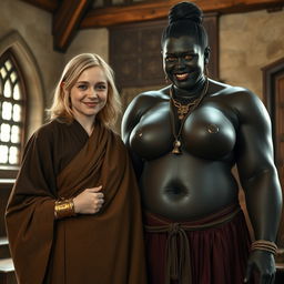 Inside a medieval room, a very happy 19-year-old malnourished blonde woman with medium-length hair, wearing a thick golden bracelet and a long, fully closed noble Buddhist cloak