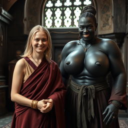 Inside a medieval room, a very happy 19-year-old malnourished blonde woman with medium-length hair, wearing a thick golden bracelet and a long, fully closed noble Buddhist cloak
