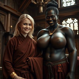 Inside a medieval room, a very happy 19-year-old malnourished blonde woman with medium-length hair, wearing a thick golden bracelet and a long, fully closed noble Buddhist cloak