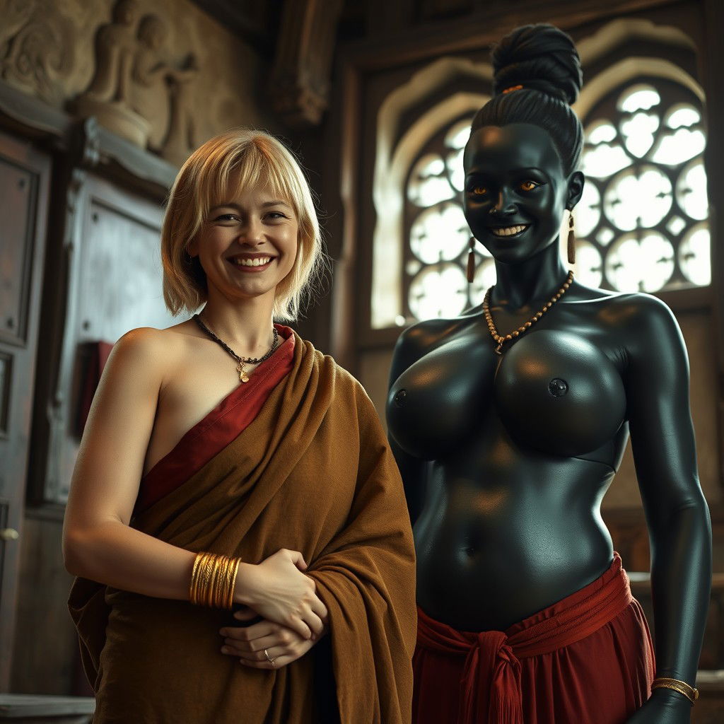 Inside a medieval room, a very happy 19-year-old malnourished blonde woman with medium-length hair, adorned with a thick golden bracelet and wearing a long, fully closed noble Buddhist cloak