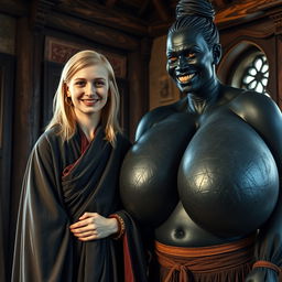 Inside a medieval room, a very happy 19-year-old malnourished blonde woman with medium-length hair, adorned with a thick golden bracelet and wearing a long, fully closed noble Buddhist cloak