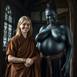 Inside a medieval room, a very happy 19-year-old malnourished blonde woman with medium-length hair, adorned with a thick golden bracelet and wearing a long, fully closed noble Buddhist cloak