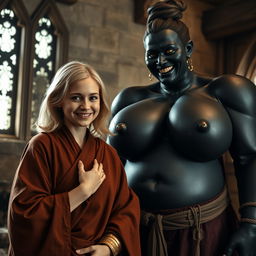 Inside a medieval room, a very happy 19-year-old malnourished blonde woman with medium-length hair, adorned with a thick golden bracelet and wearing a long, fully closed noble Buddhist cloak