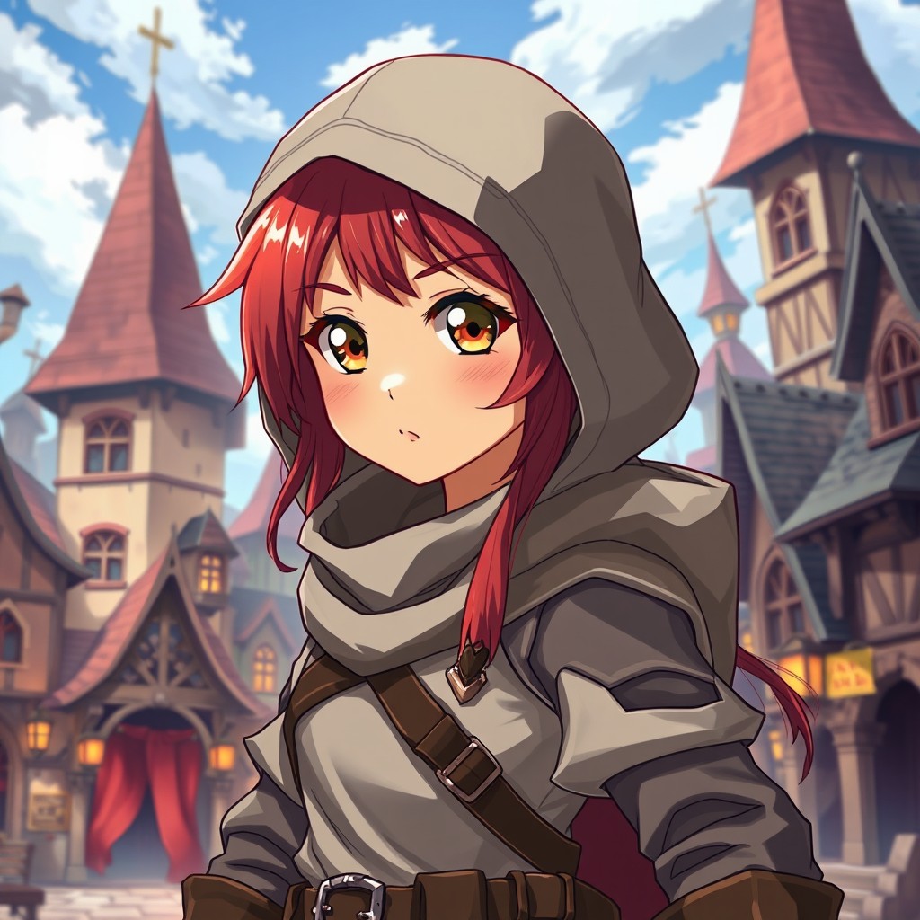 An anime style female halfling rogue with striking red hair, sparkling hazel eyes and warm golden brown skin