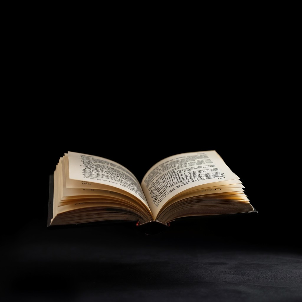 An opened book floating gracefully in the air, with its pages gently fluttering as if a breeze is lifting them