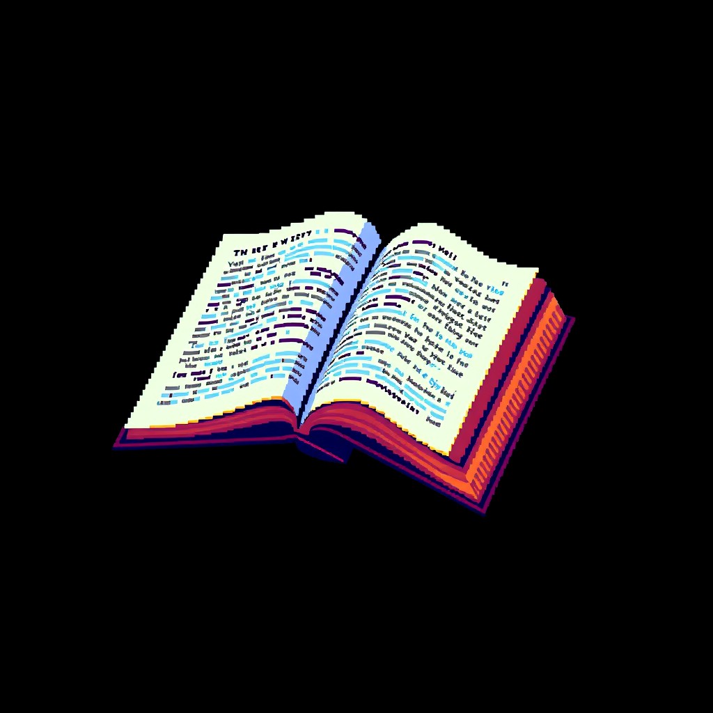 An opened book floating vertically in the air, depicted in vibrant pixel art style
