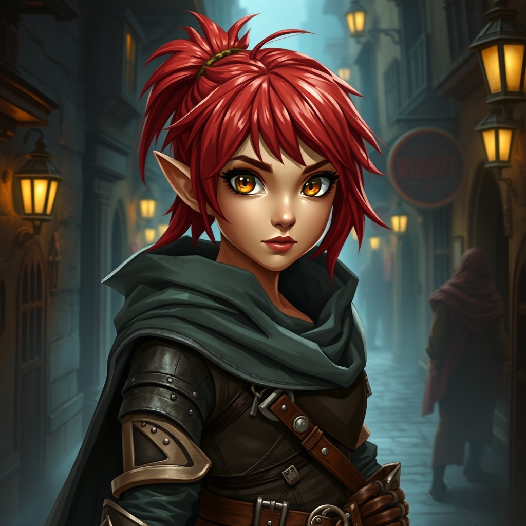 A female halfling rogue with vibrant red hair, captivating hazel eyes, and rich golden brown skin