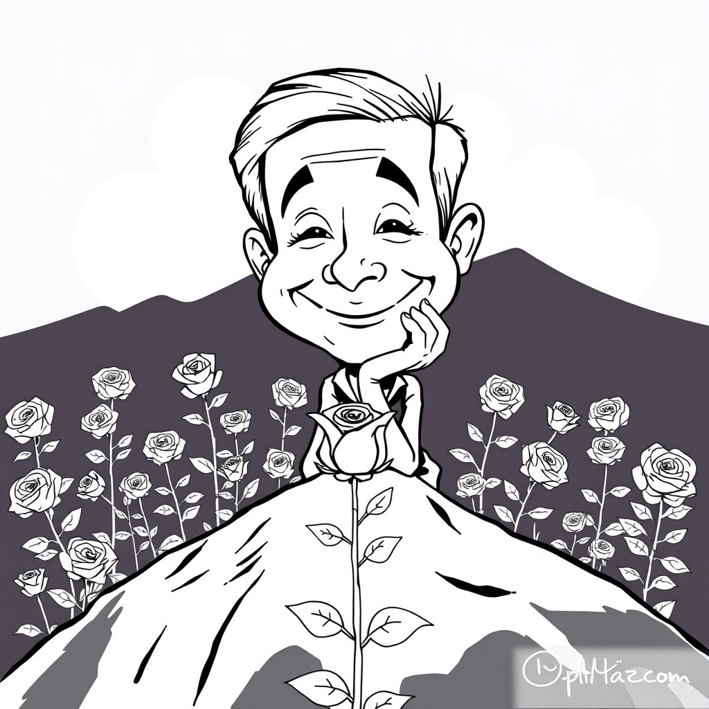 A caricature of a happy person smiling gently, with one hand resting on their chin, sitting atop a mountain and gazing at a single rose below the mountain