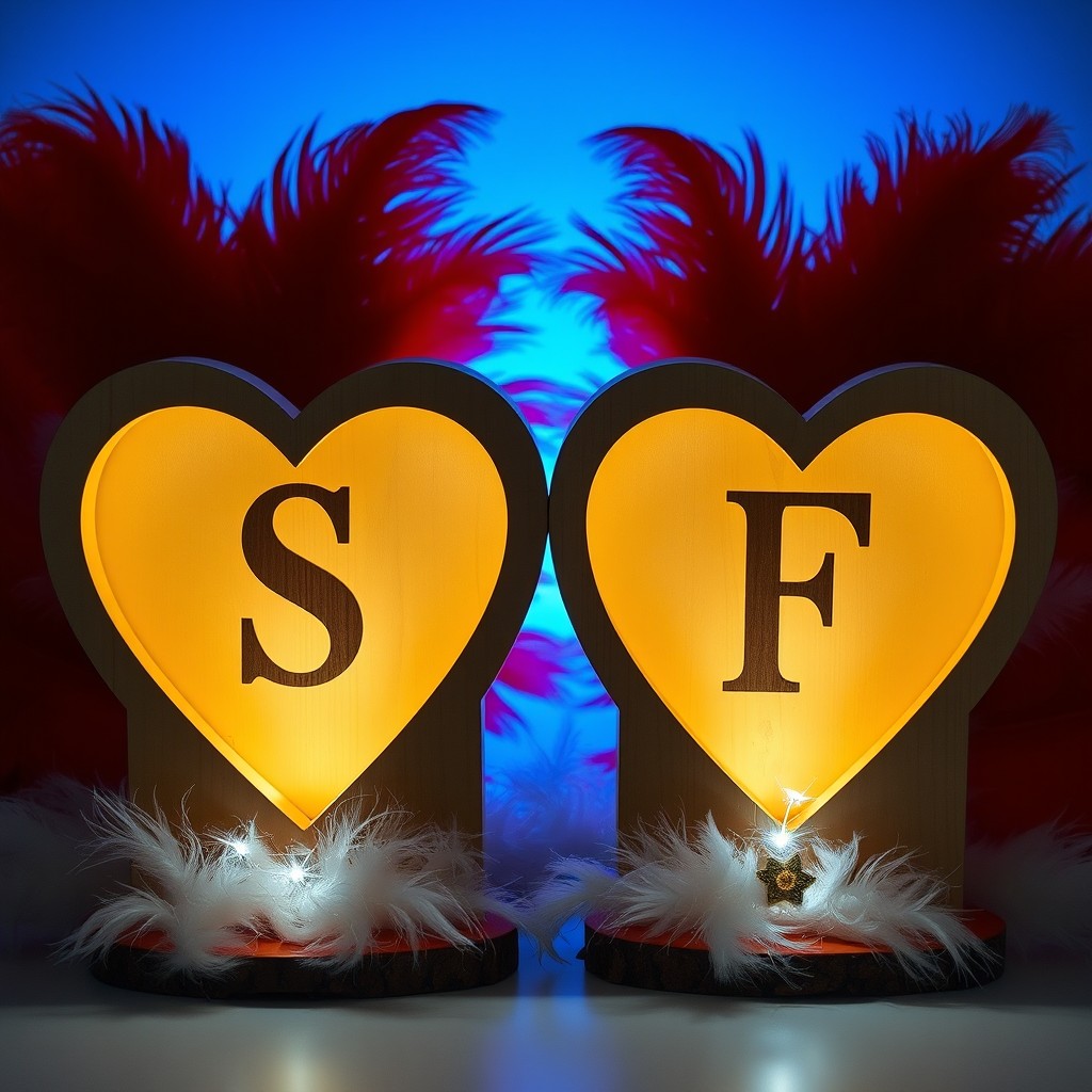 Two identical hearts made of wood and gold, hollowed out and illuminated from both the inside and outside