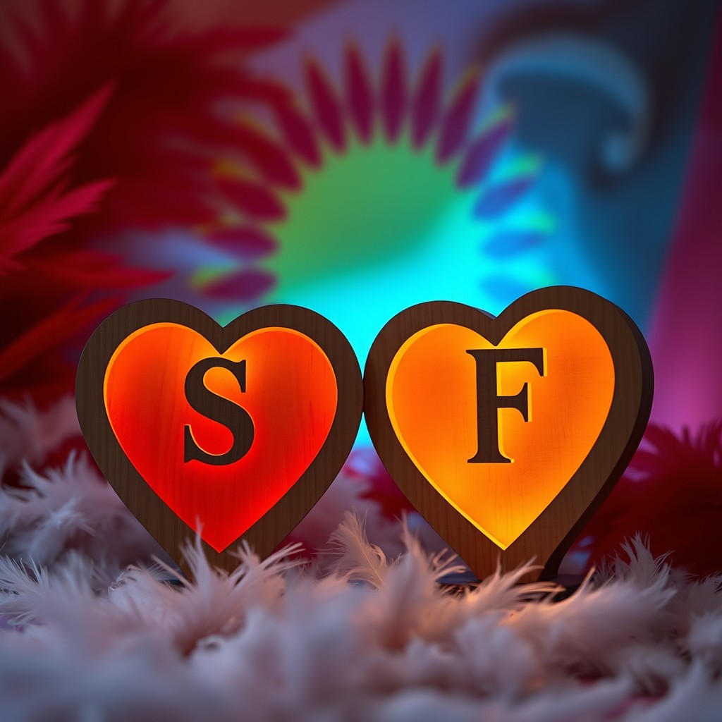 Two identical hearts made of wood and gold, hollowed out and illuminated from both the inside and outside