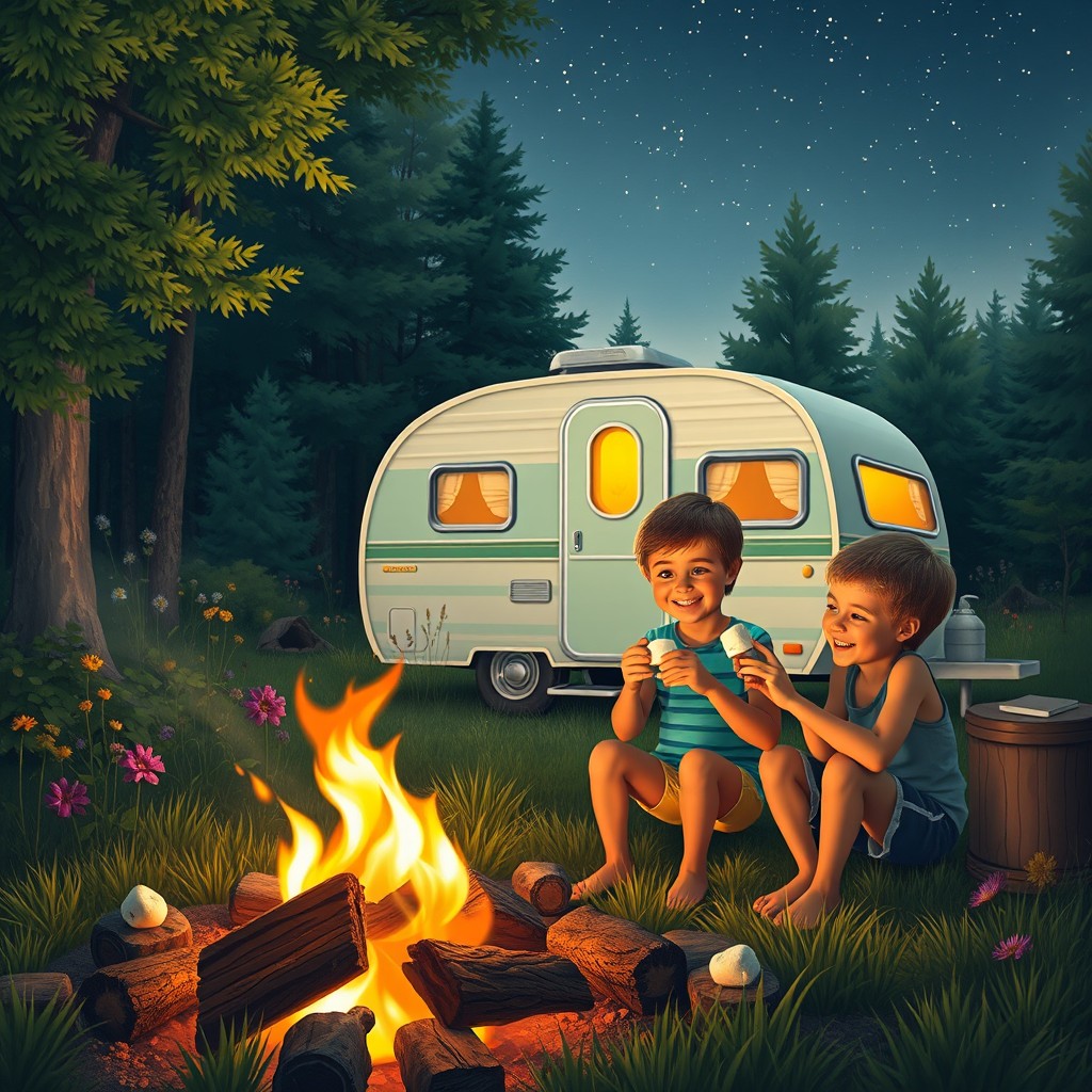 A cozy scene of a vintage trailer nestled in a serene forest