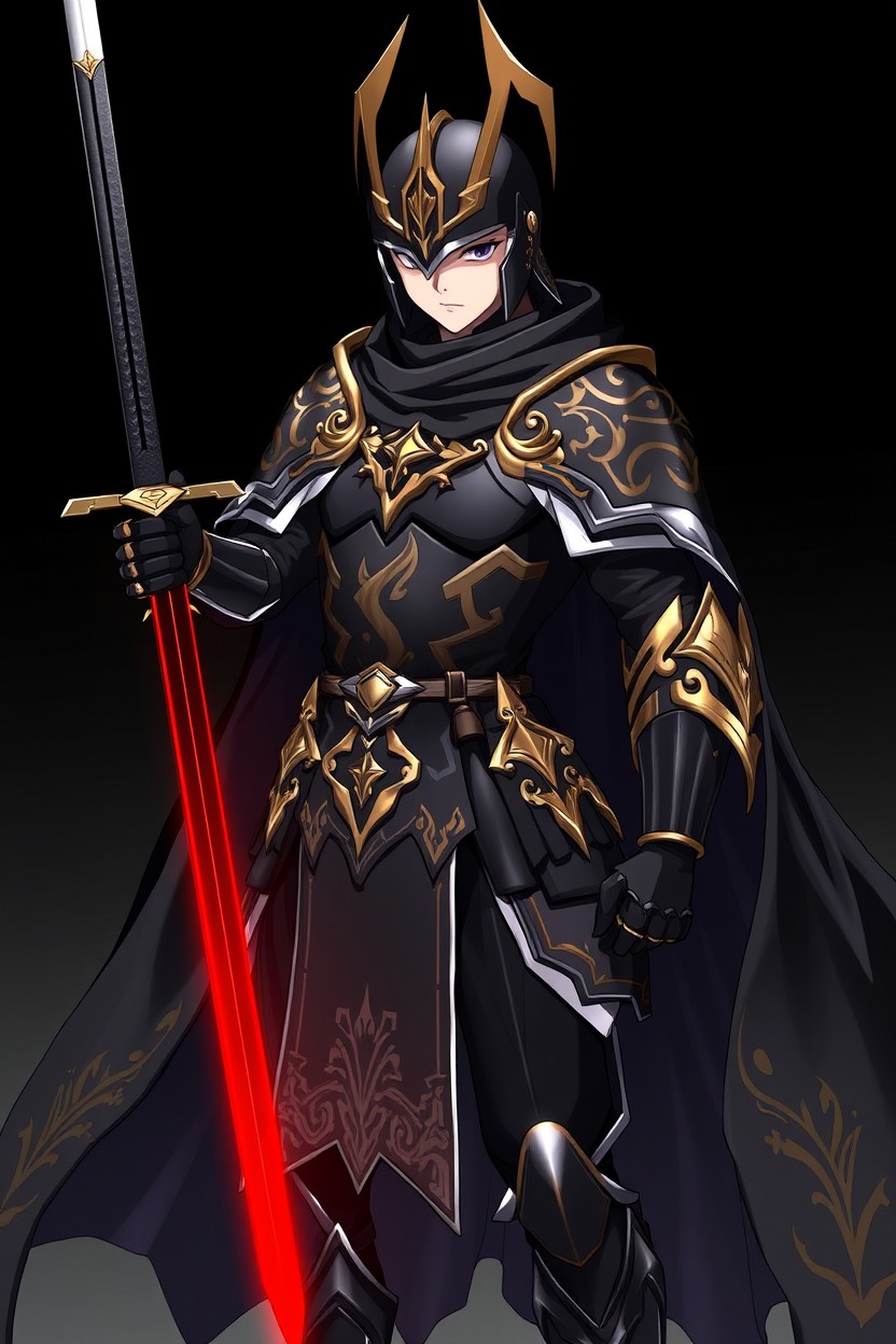 An anime-style character depicted as a dark knight, adorned in beautiful black armor embellished with gold details