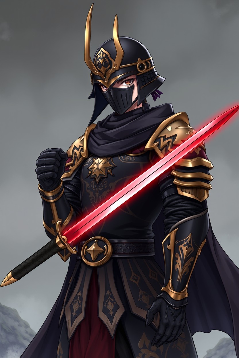 An anime-style character depicted as a dark knight, dressed in beautiful black armor adorned with gold accents