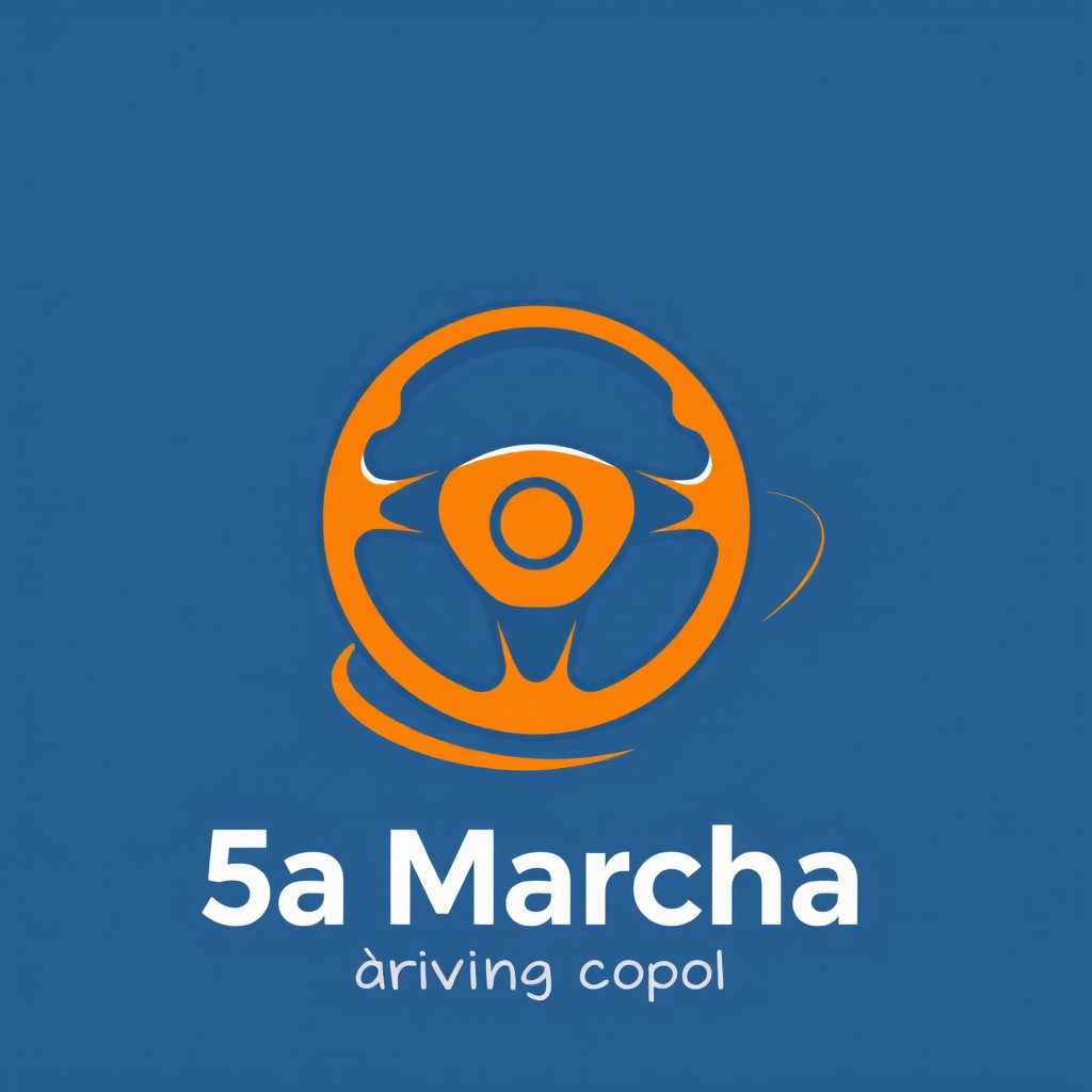 A driving school logo for '5a Marcha', featuring a stylized steering wheel combined with a road graphic