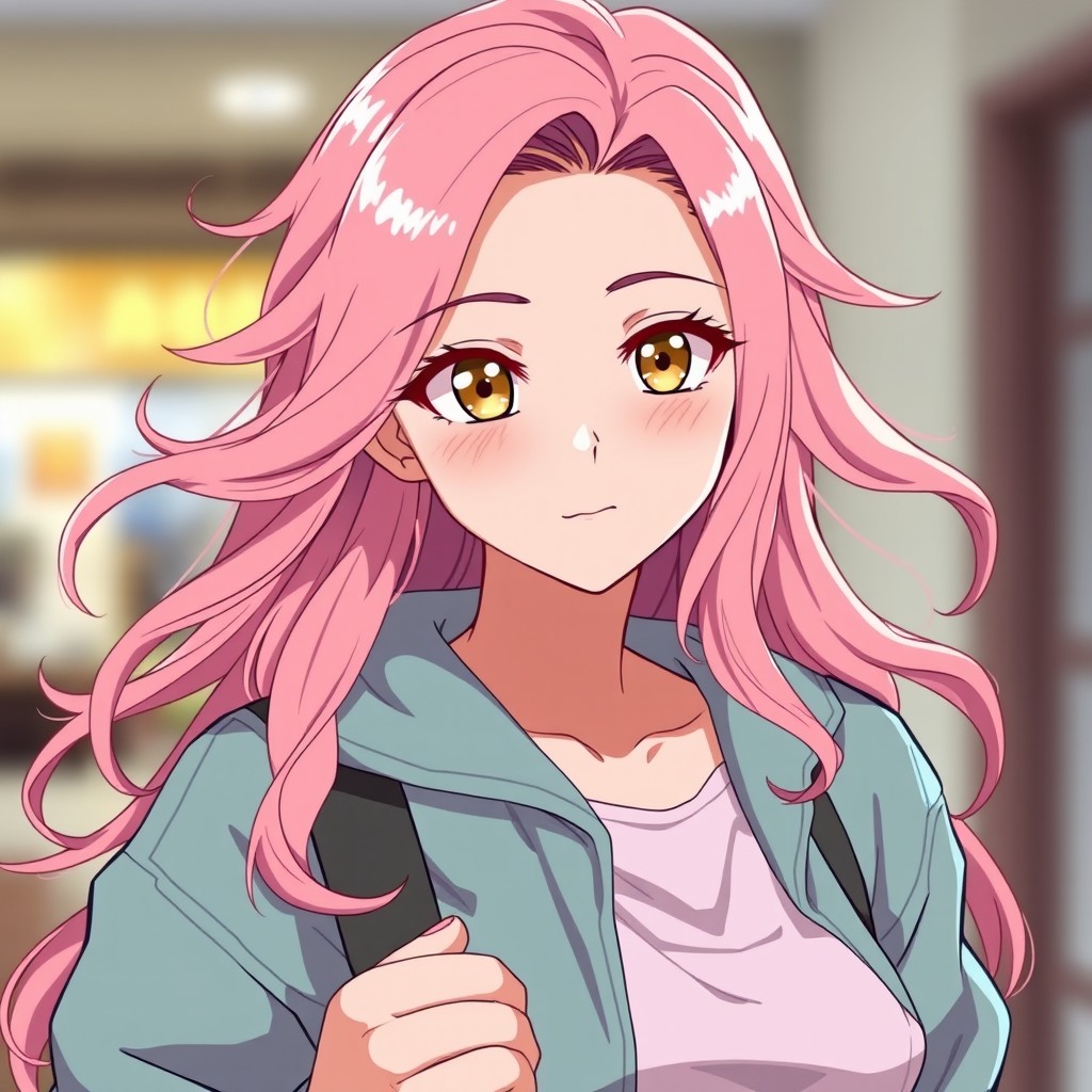 An adult woman with long wavy pink hair and striking yellow eyes, showcasing her light skin tone