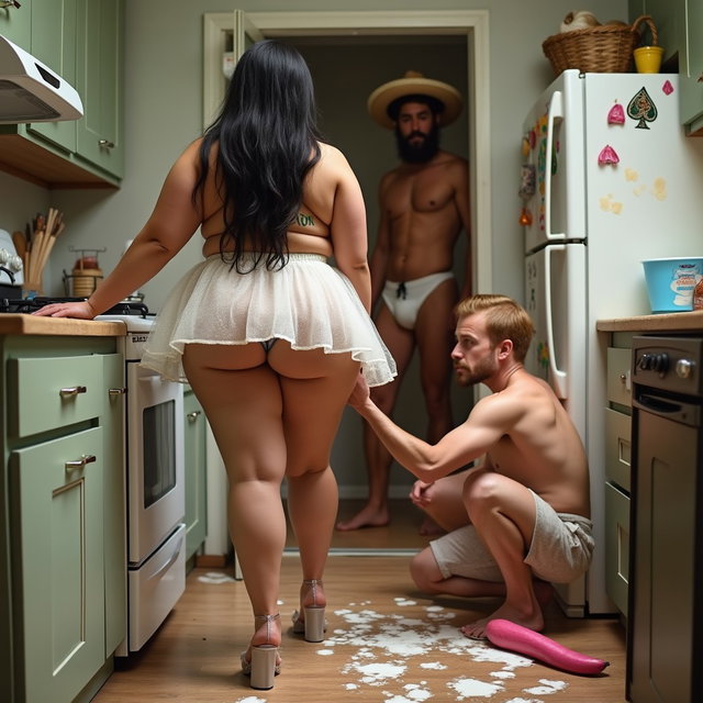 A vivid and playful scene featuring a light-skinned Mexican woman with wide hips and a large, curvy figure, showcasing thick legs