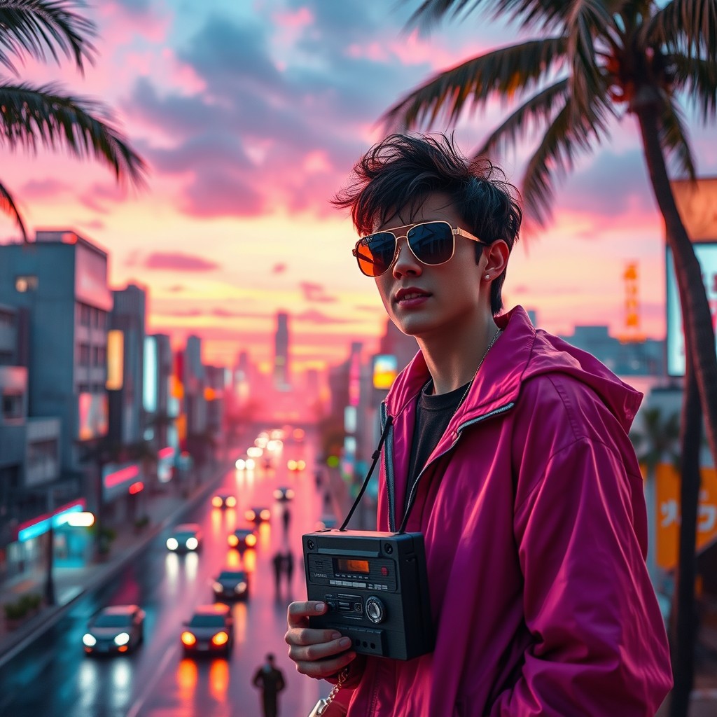 A vibrant city skyline at sunset, filled with neon lights reflecting off rain-soaked streets