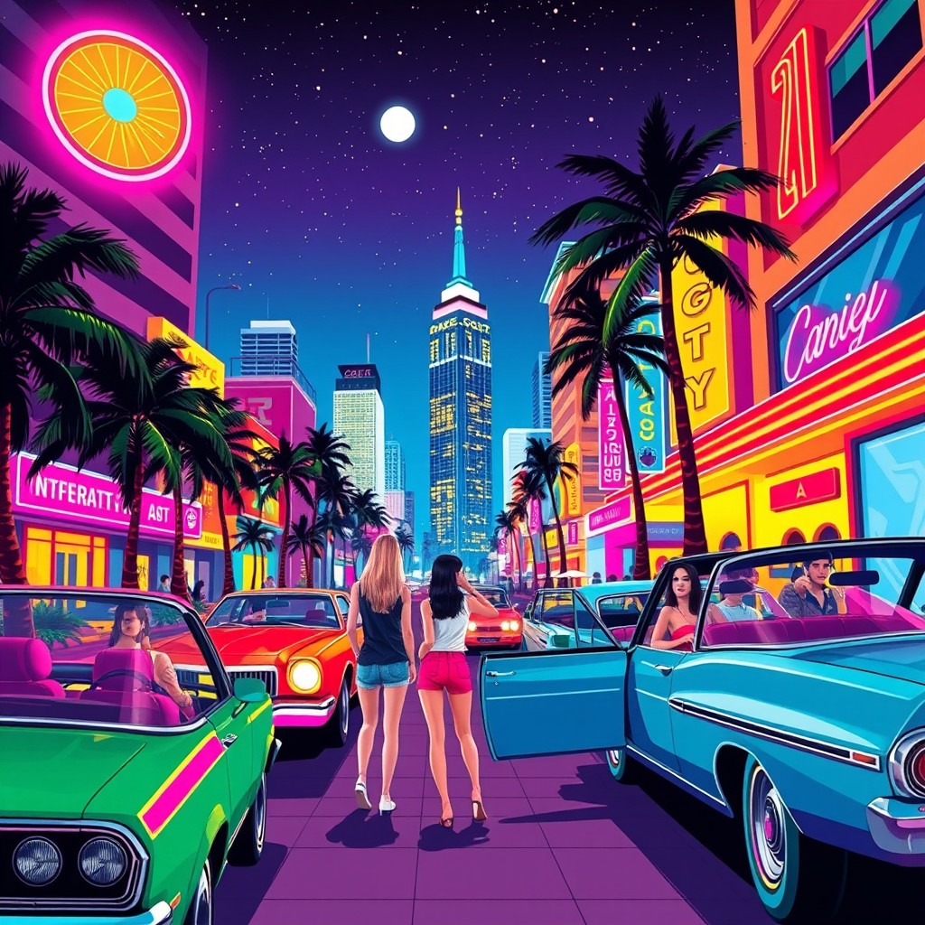 A vibrant and colorful City Pop art scene featuring neon lights, retro cars, and a lively urban atmosphere