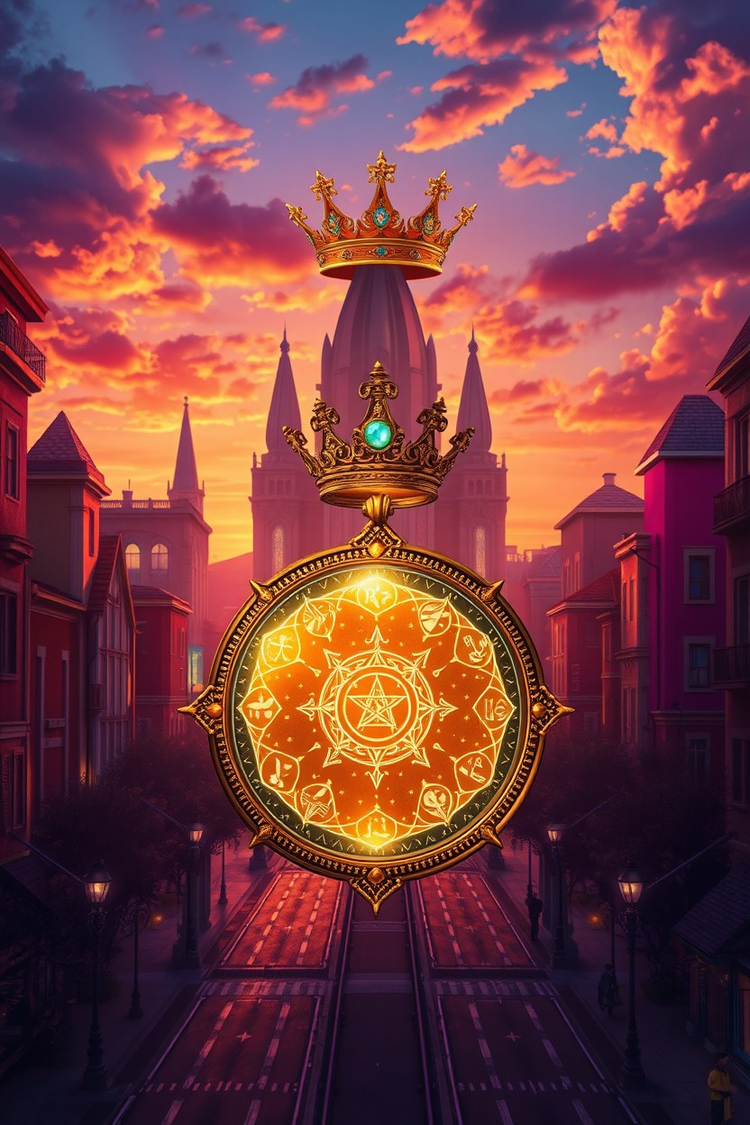 An exquisite amulet featuring a regal crown behind it, set in a vibrant city infused with magic