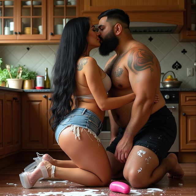 A luxurious kitchen setting featuring a light-skinned Mexican woman with wide hips and a robust figure, showcasing thick legs