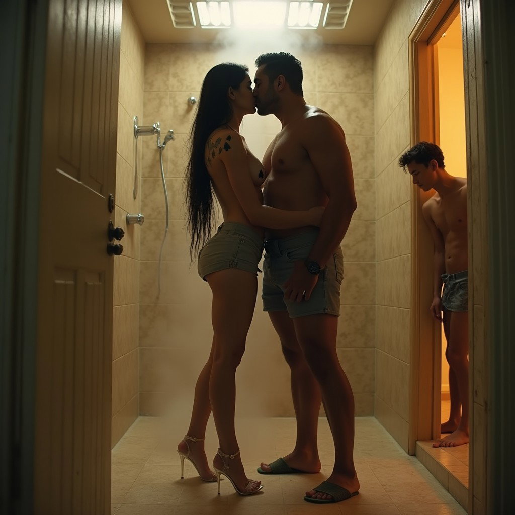 A captivating scene depicting a Mexican woman with fair skin, wide hips, and a robust build with thick legs