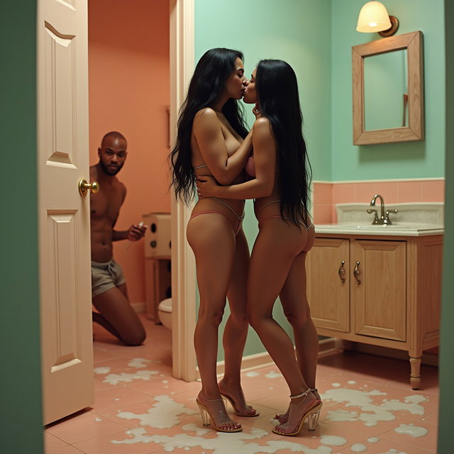 An intimate scene depicting a Mexican woman with light skin, wide hips, and a curvy build, featuring thick legs and long straight black hair