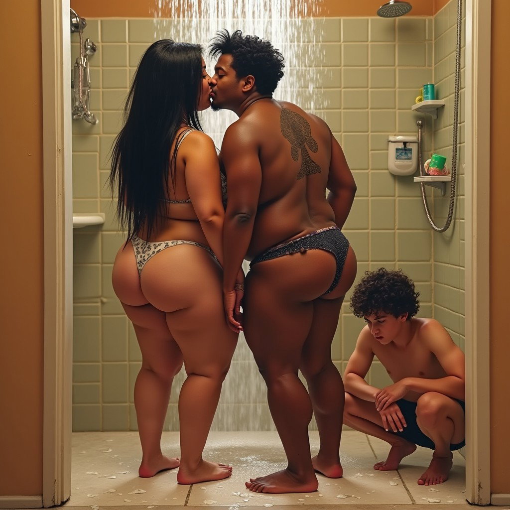 A vibrant scene of a light-skinned Mexican woman with wide hips, a robust physique, and thick legs, enjoying a refreshing shower