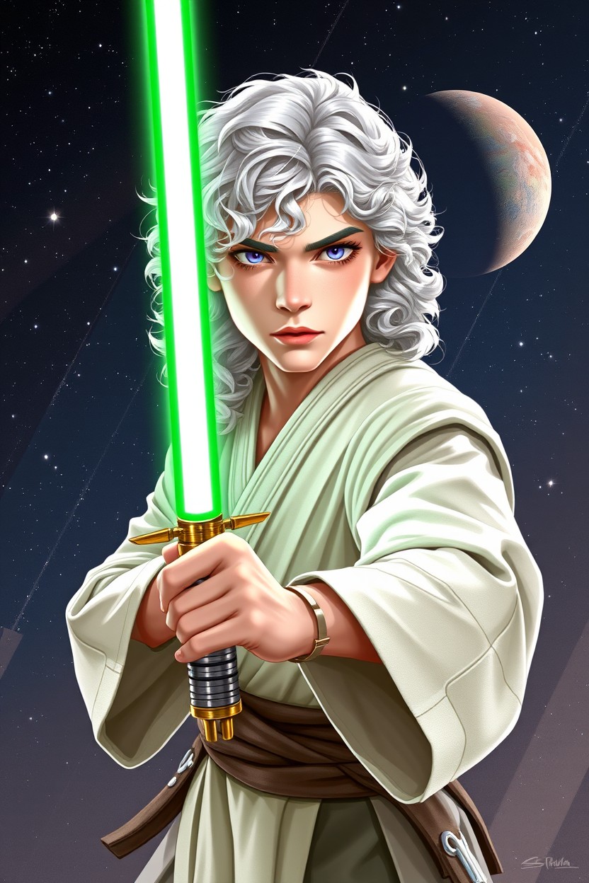 A young male character from the Star Wars universe, 19 years old, with pale skin and curly white hair that is quite long
