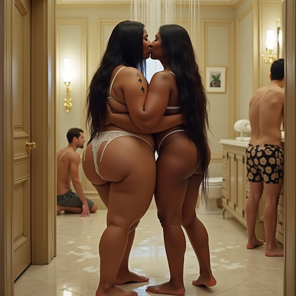 A luxurious bathroom scene featuring a light-skinned Mexican woman with very wide hips and a large physique, showcasing thick legs and very long, straight black hair
