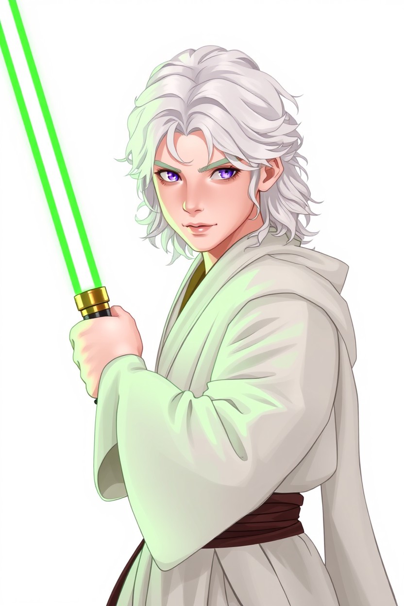A young male character from the Star Wars universe, 19 years old, with pale skin and long, curly white hair