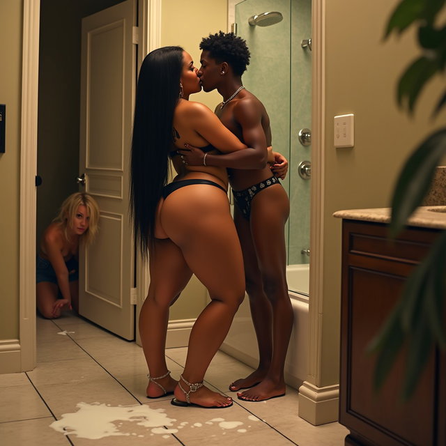 A captivating scene featuring a light-skinned Mexican woman with wide hips, a large build, and thick legs