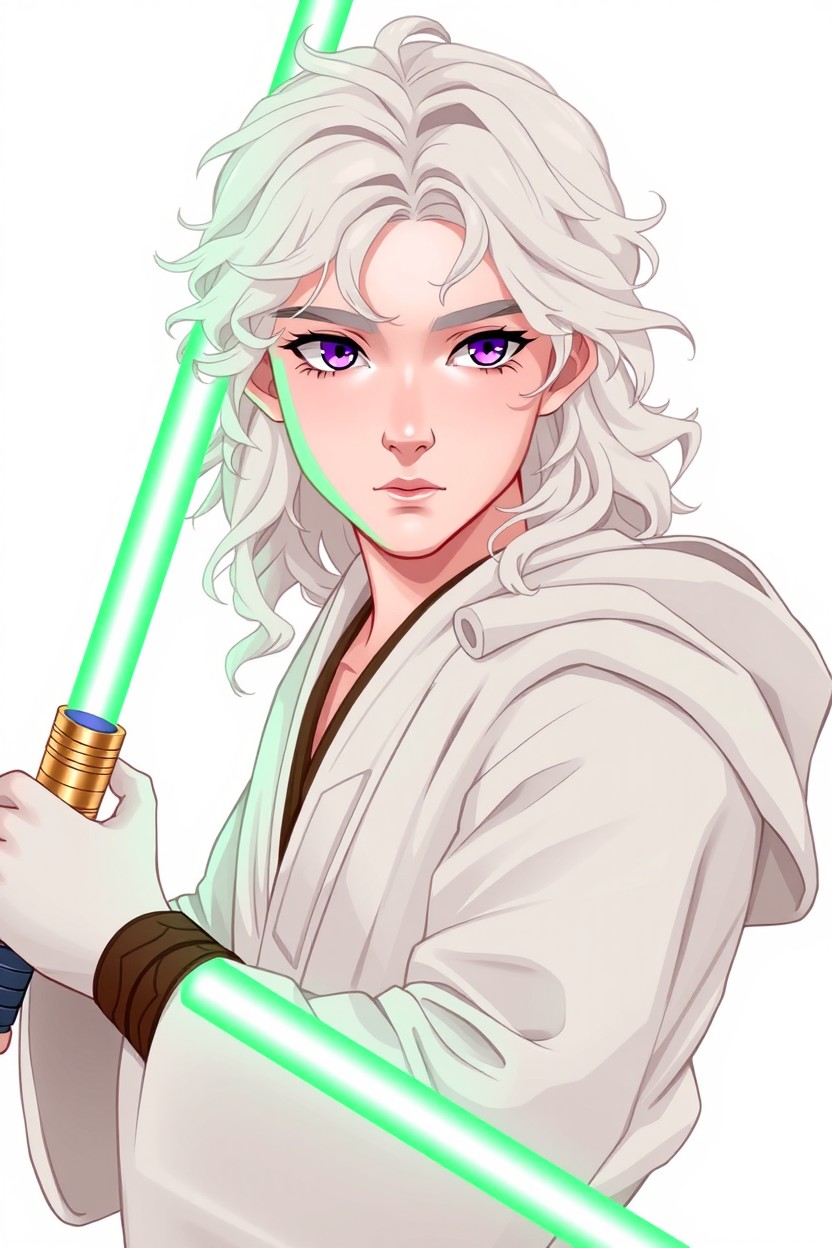 A young male character from the Star Wars universe, 24 years old, with pale skin and long, curly white hair