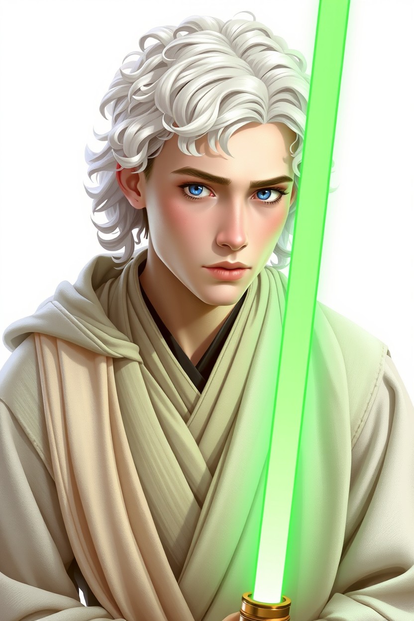 A young 24-year-old male character from the Star Wars universe, with pale skin and curly white hair styled in a long and wavy manner