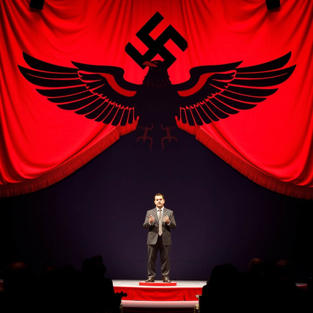 Ahmed Al-Shara stands confidently on a large stage, with a lavishly designed fabric backdrop featuring a prominent black image of the Syrian eagle emblem