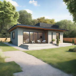 A modern, single-story bungalow with a terrace. The house has a north-facing entrance door.