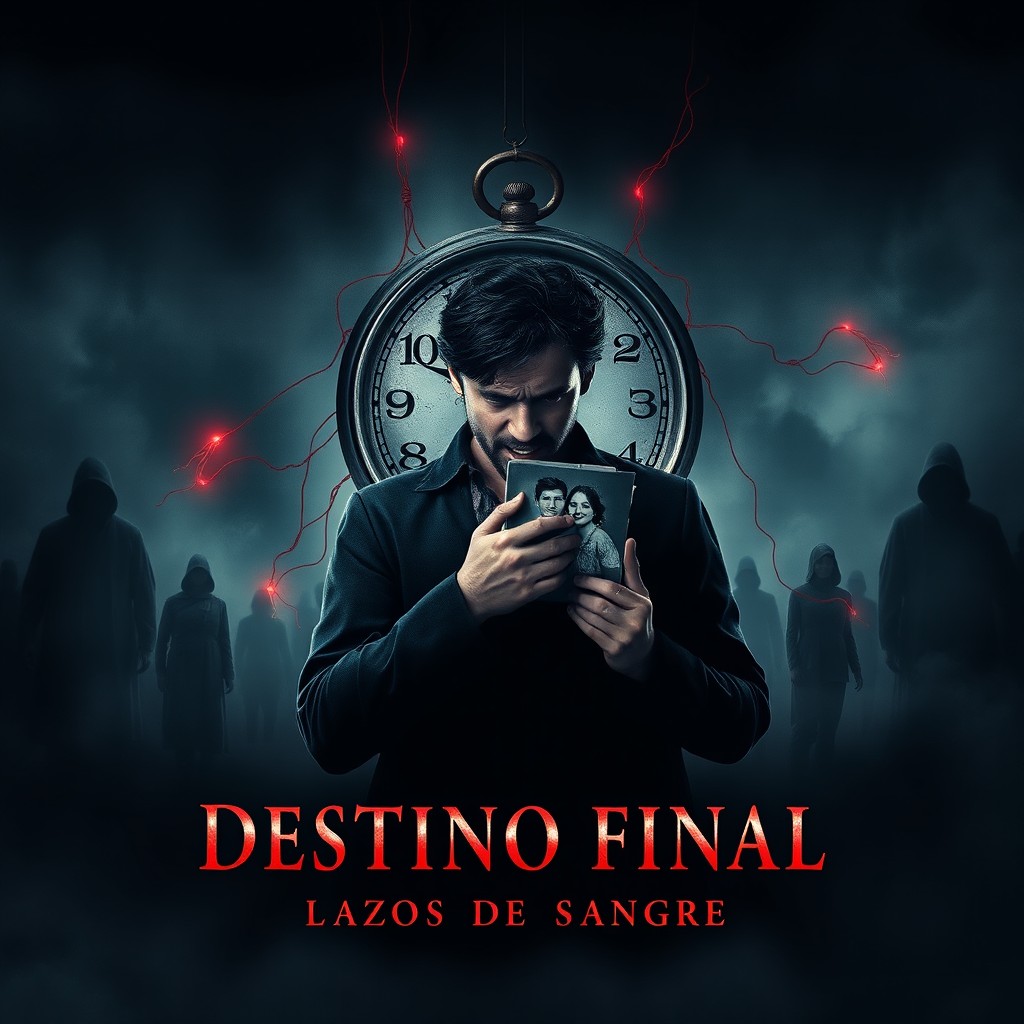 A movie poster for a supernatural thriller titled 'Destino Final: Lazos de Sangre', featuring dramatic imagery that captures the essence of impending doom
