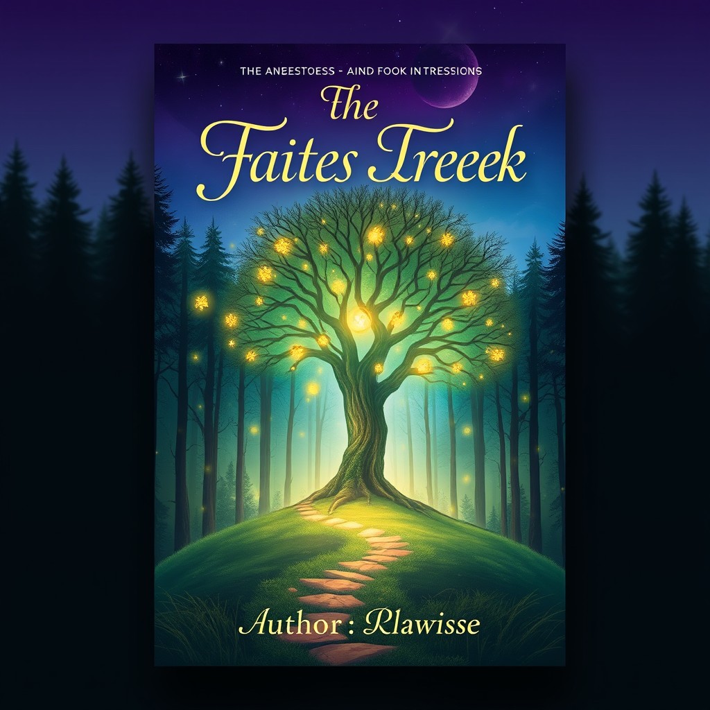 A book cover design featuring a mystical forest scene with a glowing, enchanted tree in the center, surrounded by soft, shimmering lights that resemble fireflies