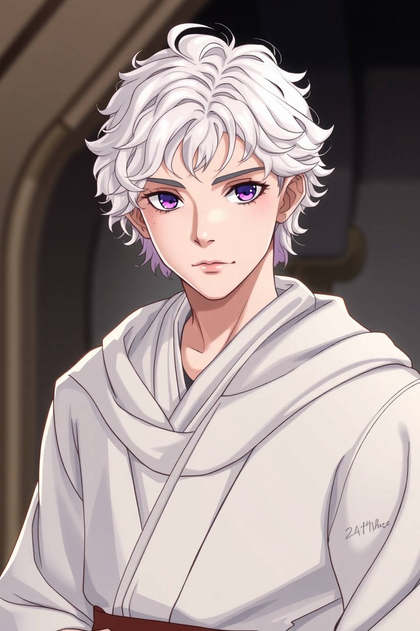 A character from the Star Wars universe, featuring a young man aged 24 with pale skin and curly white hair of medium length