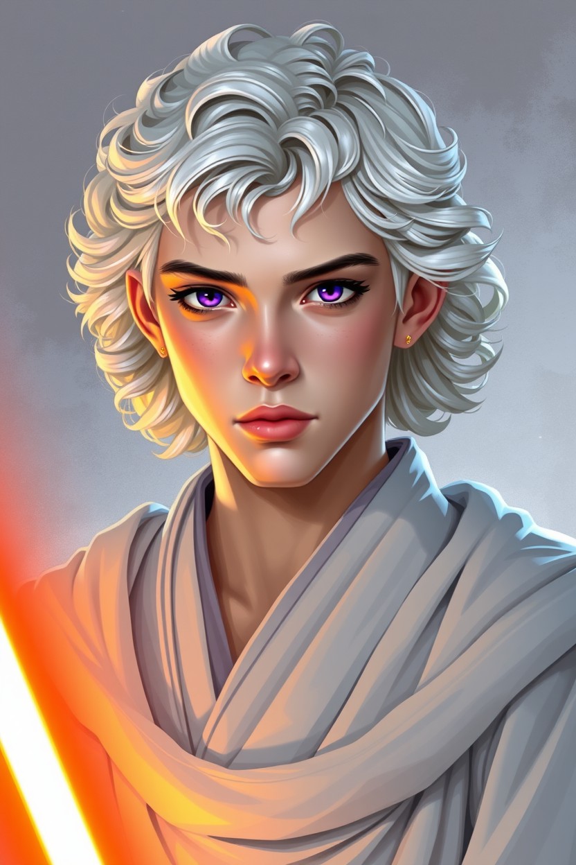 A character from the Star Wars universe, featuring a young man aged 24 with pale skin and curly white hair of medium length