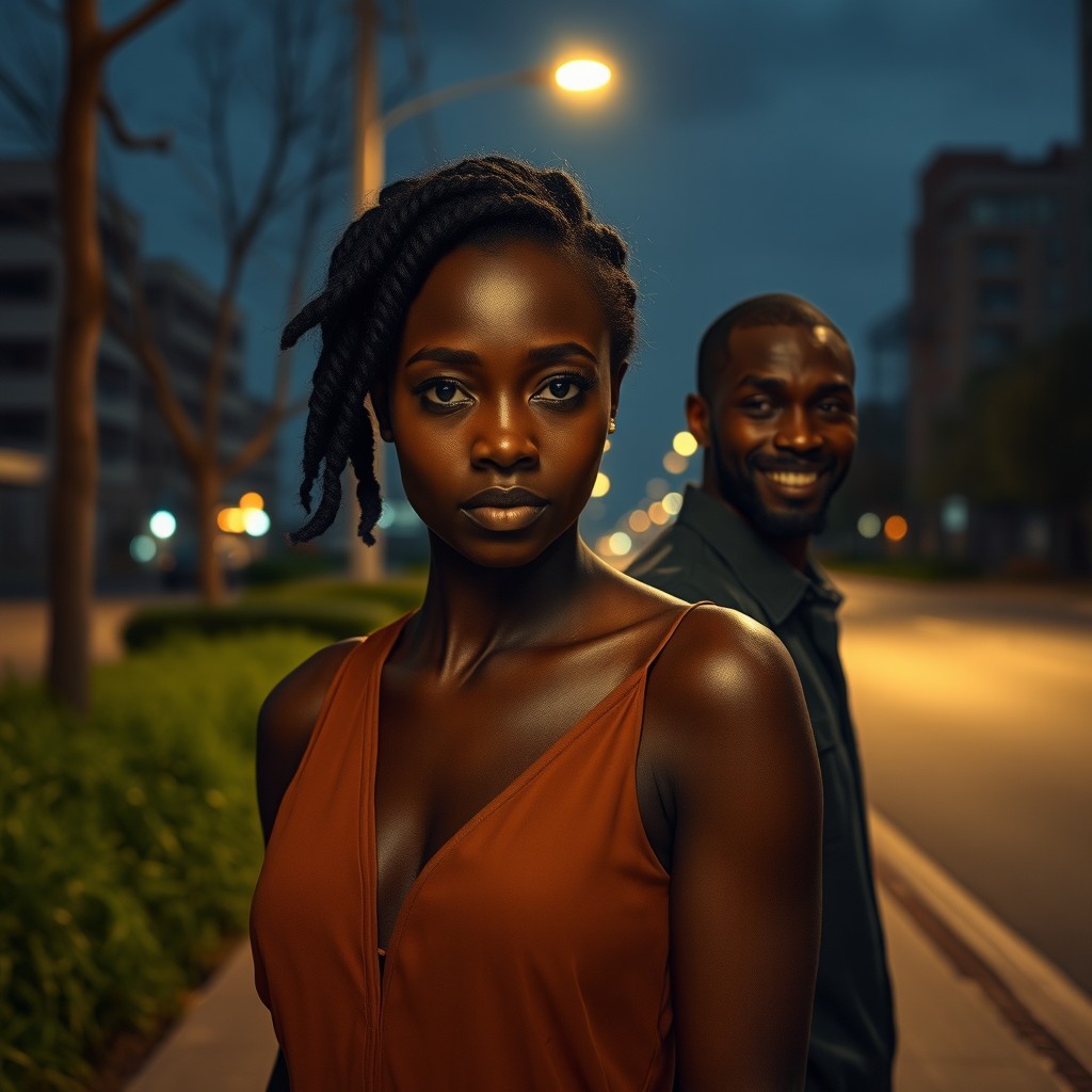 A poignant scene capturing the emotional journey of Linda, a beautiful African woman with deep and soulful eyes, embodying longing and betrayal