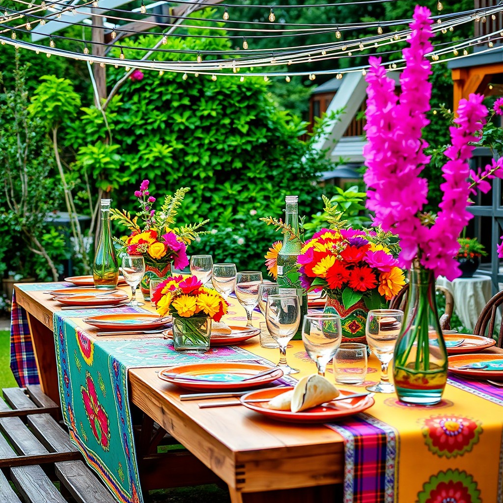 A beautifully decorated wooden rectangle table set for an outdoor garden event, featuring vibrant, fun flowers in a variety of lively colors cascading along the length of the table